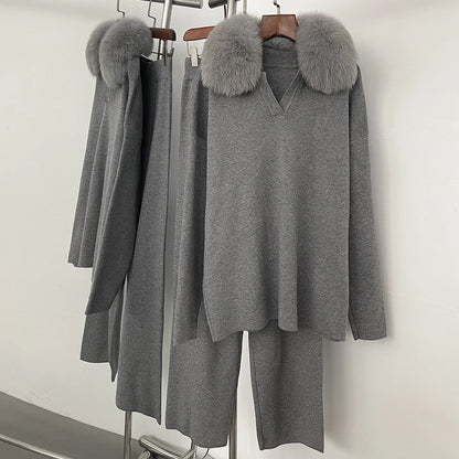 Reality Fur Jacket Pullover Set Woman Spring Knitted Suit Knitwear Female Real Fox Fur Collar Sweater Lady Autumn Knitted New