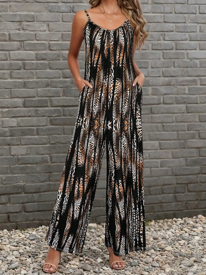 Women's Leopard Print Spaghetti Strap Wide Leg Jumpsuit, Casual V-Neck Sleeveless Loose Romper
