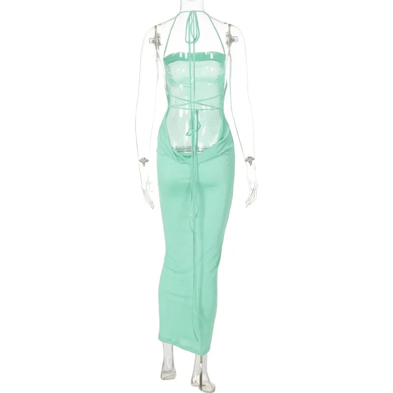 Sexy Long Shoulder Strap Open Back Backless Bodycon Maxi Dress Women Sleeveless Halter Skinny Long Dress Club Party Vestidos