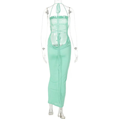Sexy Long Shoulder Strap Open Back Backless Bodycon Maxi Dress Women Sleeveless Halter Skinny Long Dress Club Party Vestidos