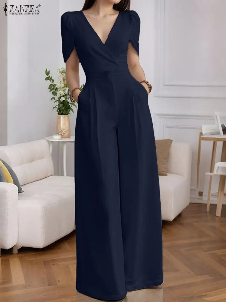 2025 ZANZEA Fashion Summer Women Party Jumpsuits Short Sleeve V-Neck Casual Rompers Playsuits Solid Elegant Pockets Streetwear