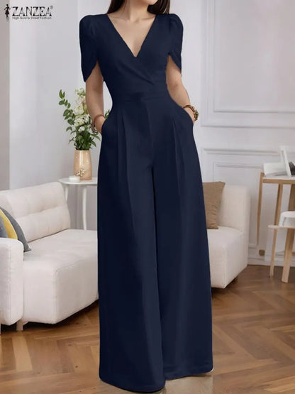 2025 ZANZEA Fashion Summer Women Party Jumpsuits Short Sleeve V-Neck Casual Rompers Playsuits Solid Elegant Pockets Streetwear