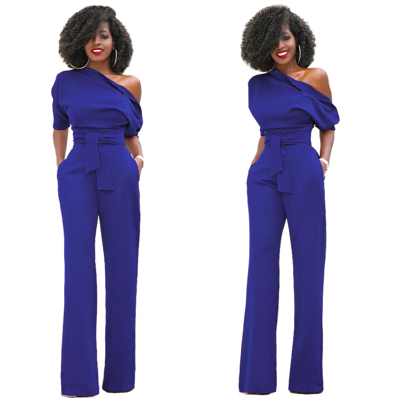 2024 Summer New Fashion Women's Jumpsuit Solid Color Slanted Shoulder Elegant Temperament Sleeveless Long Wide Leg Jumpsuit