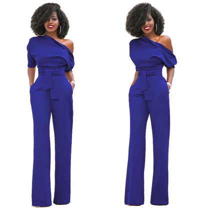 2024 Summer New Fashion Women's Jumpsuit Solid Color Slanted Shoulder Elegant Temperament Sleeveless Long Wide Leg Jumpsuit
