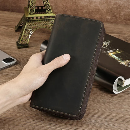 Men's Clutches Long Handbag Business Vintage Cow Leather Man Long Wallet For Men And Woman Oil Wax Zipper Bag Purse