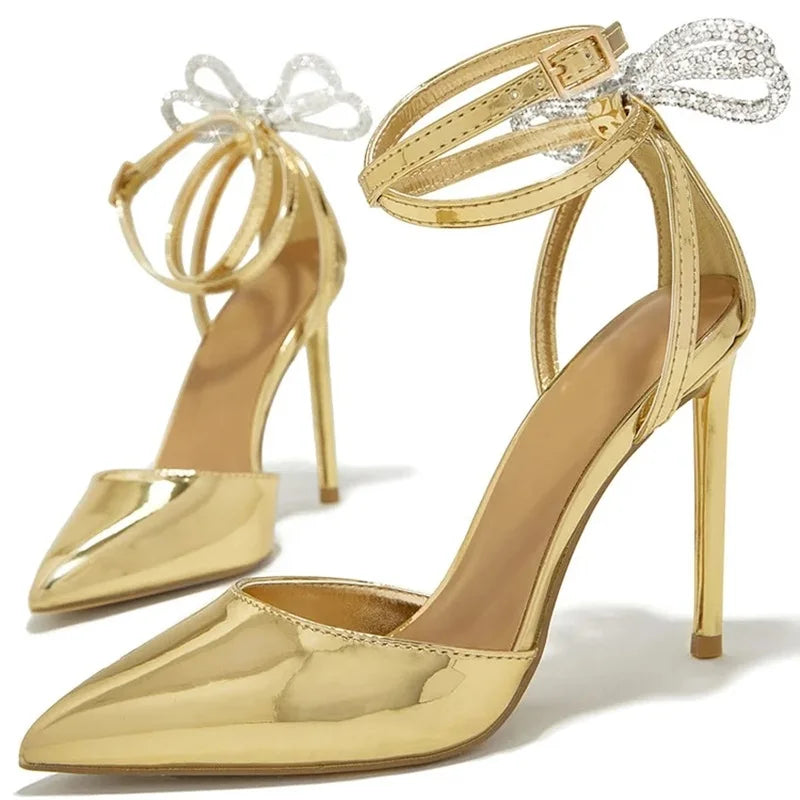 Gold Metallic Leather Pointed Toe High Heel Pumps For Women Back Crystal Bowtie Butterlfy Ankle Strap Runway Shoes Thin Heels