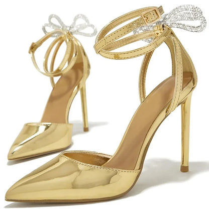 Gold Metallic Leather Pointed Toe High Heel Pumps For Women Back Crystal Bowtie Butterlfy Ankle Strap Runway Shoes Thin Heels