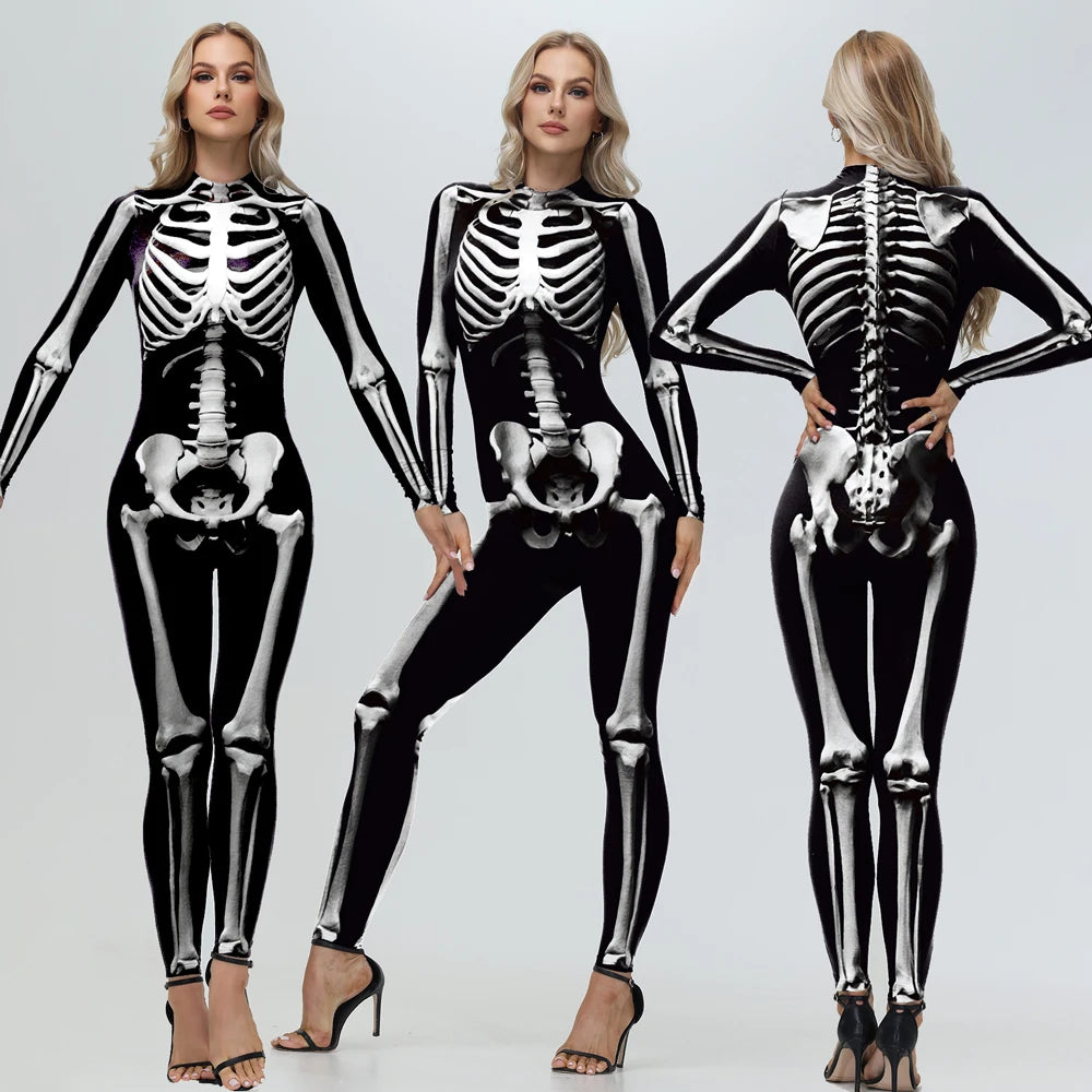 [You're My Secret] Halloween Cosplay Skeleton Zombie Scary Bodysuit 3D Digital Human Skull Printed Zentai Suits Couple Jumpsuits