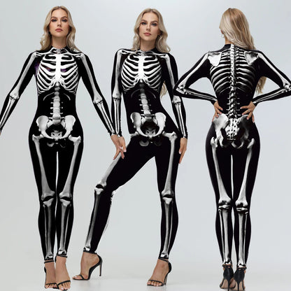 [You're My Secret] Halloween Cosplay Skeleton Zombie Scary Bodysuit 3D Digital Human Skull Printed Zentai Suits Couple Jumpsuits