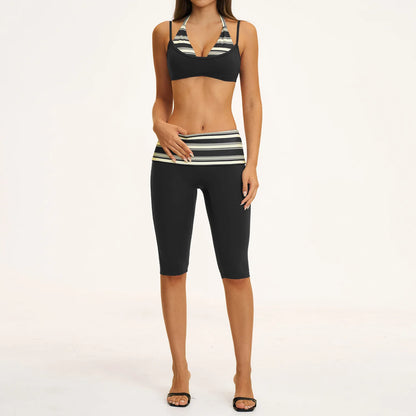 2PCS Stripes Fitness Suit Women's Tracksuits Polka Dot High Waist Workout Capri Pants Sports Set Female Yoga Sports Clothes