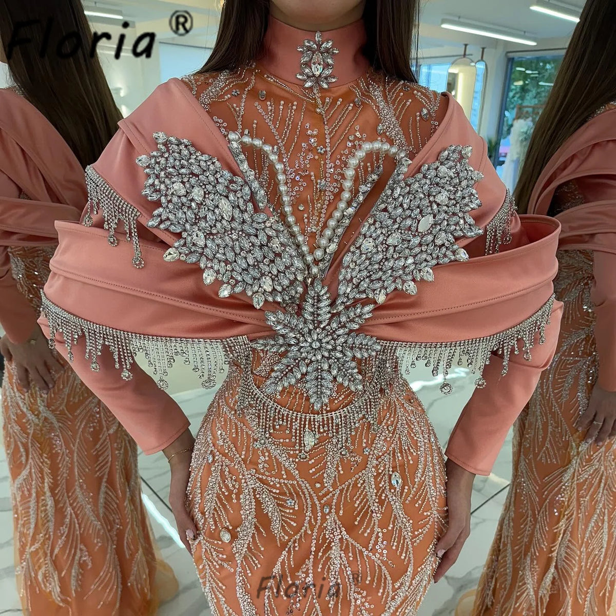 Dubai Luxury Coral Orange Mermaid Evening Gown Long Sleeve Silver Rhinestone Tassel Bodycon Formal Dress Gala Wedding Birthday
