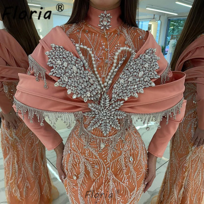 Dubai Luxury Coral Orange Mermaid Evening Gown Long Sleeve Silver Rhinestone Tassel Bodycon Formal Dress Gala Wedding Birthday