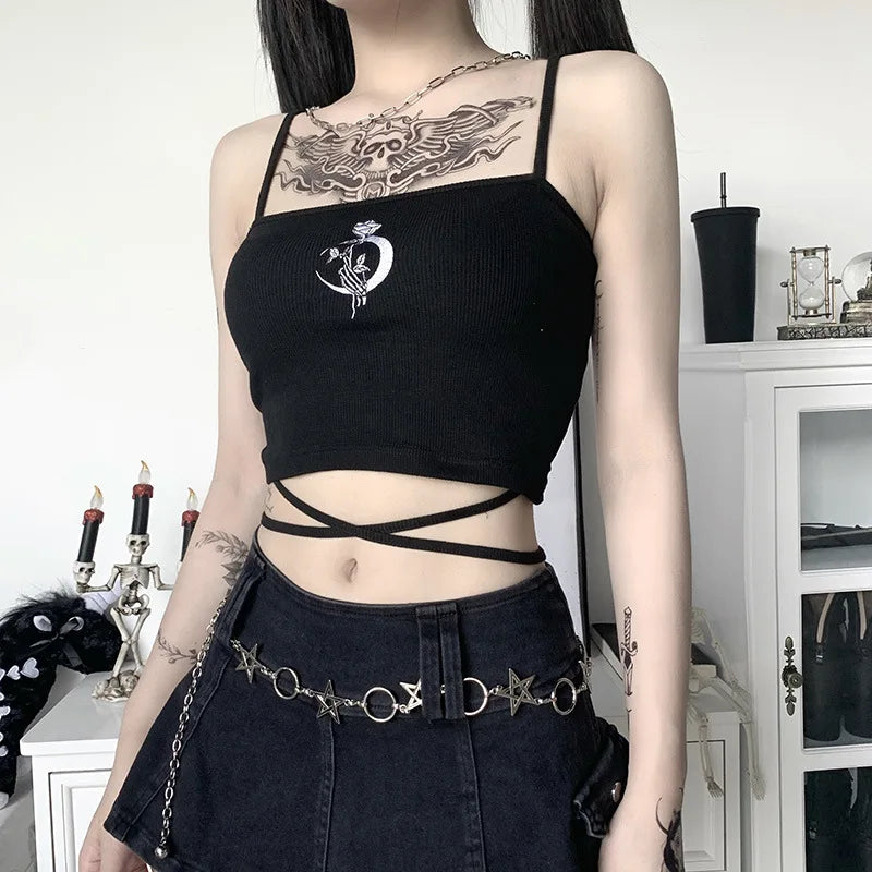 Gothic Women's Print Suspender Sleeveless Square Neck Slim Crop Top Sexy Halter Bottoming Shirt 2022 Girls Party Wear
