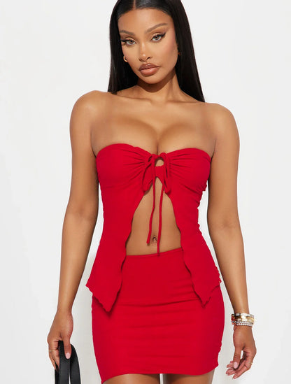 Women's Solid Color Tube Top & Skirt Two-piece Set, Fashion Casual Sleeveless Top &Bodycon Skirt for Daily Outdoor Wear, LadiesC