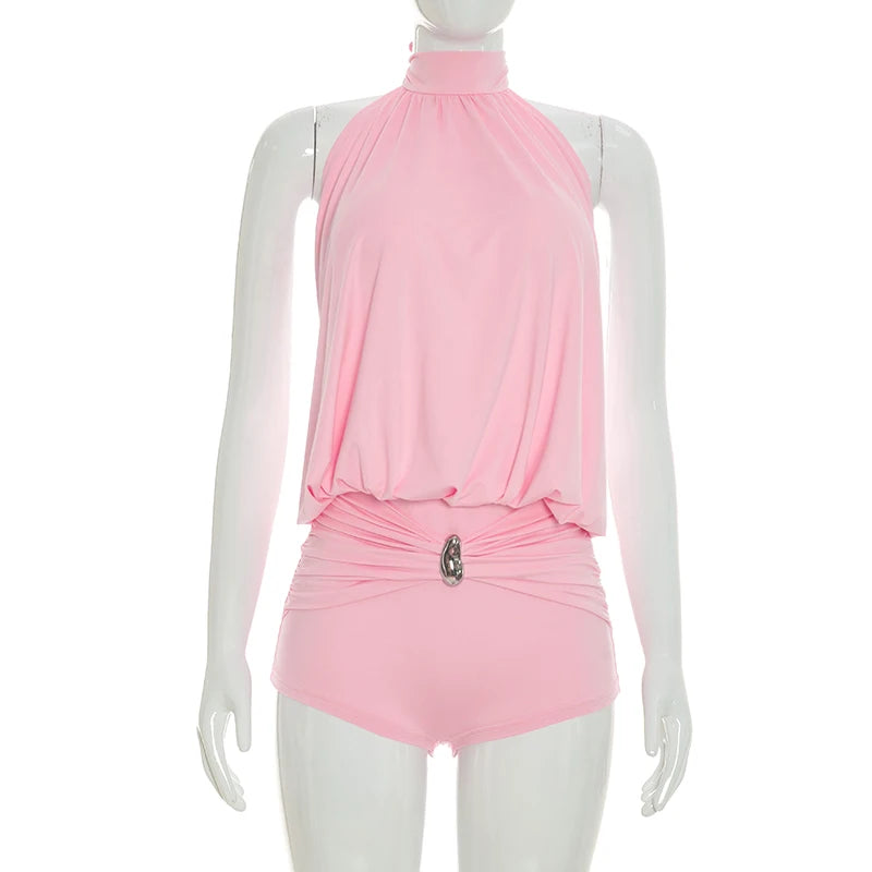 Spicy girl style fashionable hanging neck tie pleated backless slim fit jumpsuit shorts