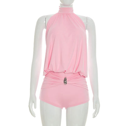 Spicy girl style fashionable hanging neck tie pleated backless slim fit jumpsuit shorts