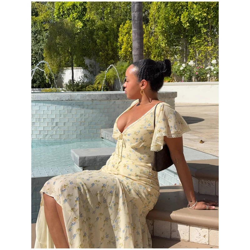 Fashion V-neck Floral Women Maxi Dress Flutter Sleeve Lace Trim High Waist Chiffon Vestidos Summer Female Daily Vacation Dresses