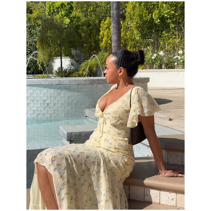 Fashion V-neck Floral Women Maxi Dress Flutter Sleeve Lace Trim High Waist Chiffon Vestidos Summer Female Daily Vacation Dresses