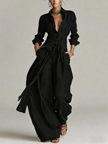 Women Brown Jumpsuit  Outfit Lapel Long Sleeve Button Shirt High Waist Belt Tie Wide Leg Pants Elegant Office Vacation Jumpsuits