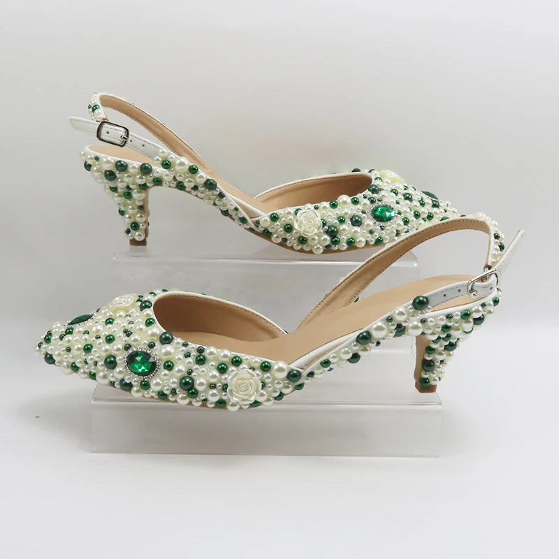 BaoYaFang Green Pointed Toe Pearl Bridal Wedding Shoes and Bag Thin Heel Slingbacks Female Ladies Party Shoe Shallow Women Shoes