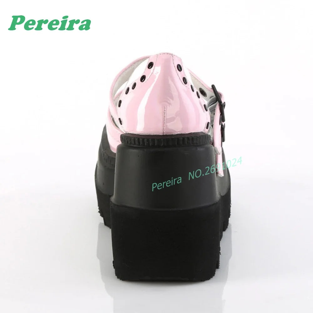 Pink Patchwork Multi-Buckled Ankle Boots Round Toe Gothic Thick Soled Shallow Women's Boots Autumn Summer Cutout Punk Shoes Sexy
