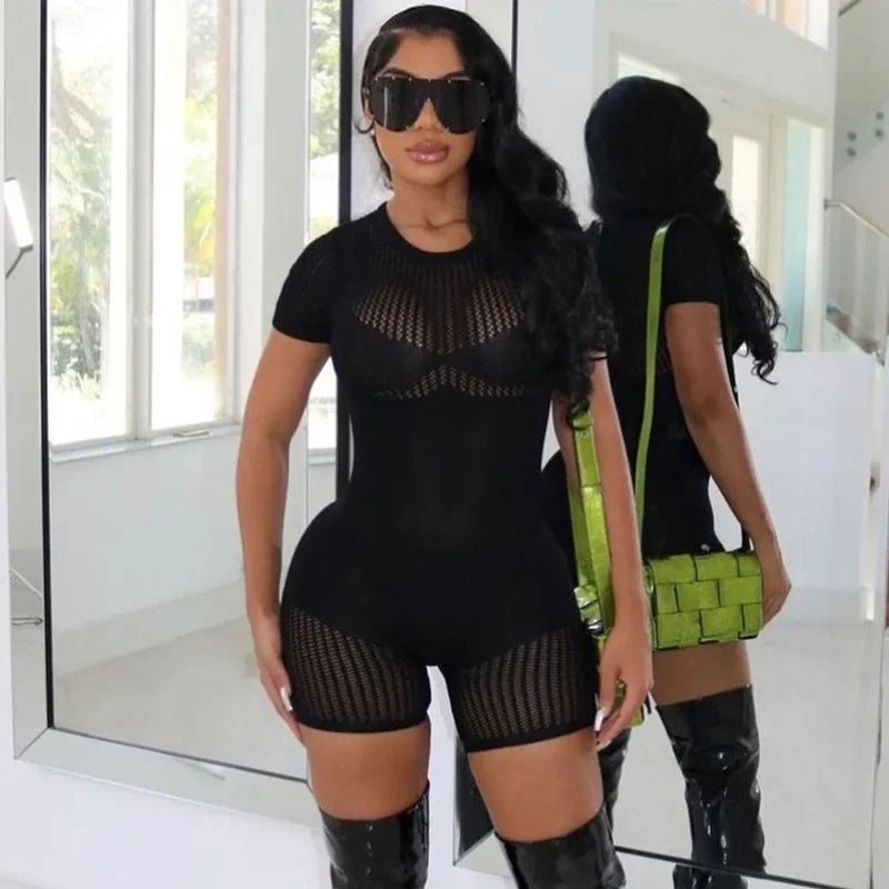 Women's Sexy Fishnet Playsuit Hollow Out See Through Bodycon Sexy Slim Fit Stretchy Romber For Club Party Street Outfit