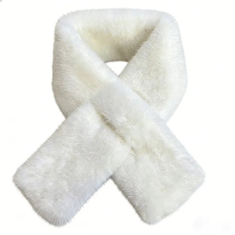 Winter Warm Faux Mink Fur Cross Scarf Solid Color Thickened Neckerchief Wrap Soft Neck Warmer Collar Scarf Autumn Winter