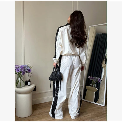 Lady'snavy Chevron Stripe Windbreaker Tracksuit Zip Cropped Jacket Contrast Trim Shorts 2026 Casual Sport Daily Jogging Street
