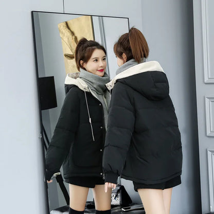 Women's Winter Jacket Cotton Padded Short Coat Ladies Students Long Sleeved Hooded Warm Outwear