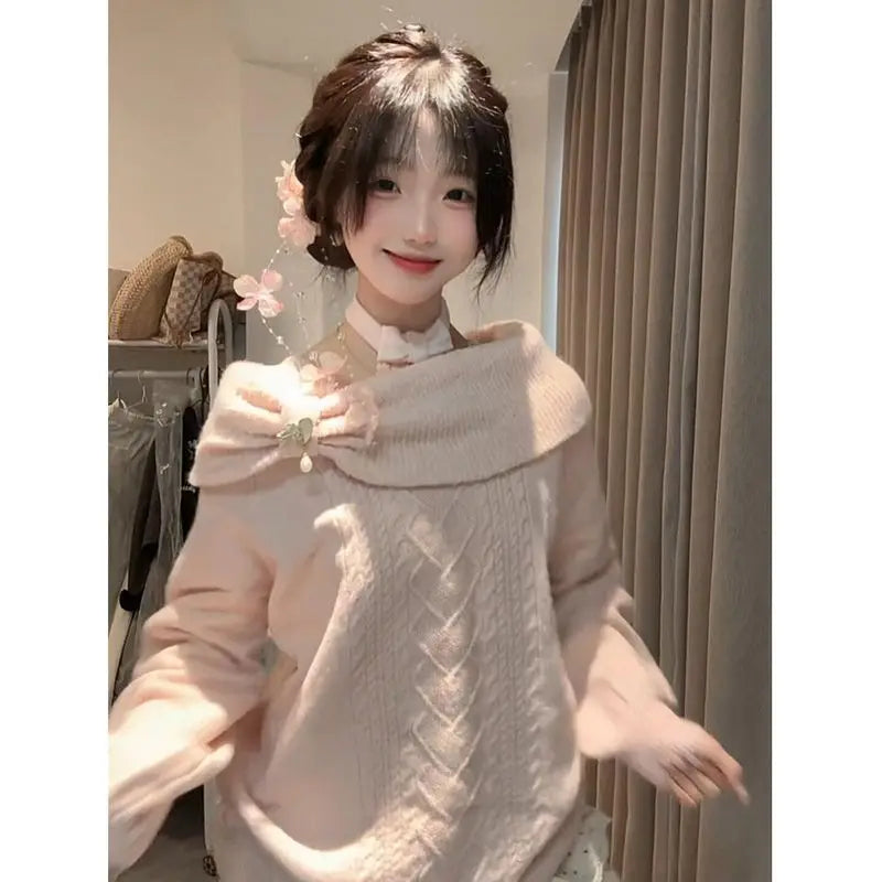 Sweet Daily Streetwear Japanese Women Slim Fit Off Shoulder Knit Jumper Soft Long Sleeve Fashion Pullover Sweater