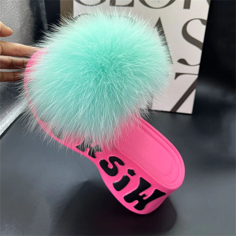 Real Fox Fur Slippers for Woman Luxury 2025 Slippers Summer Woman Sandals Thick Sole Pink Fur Slippers Fluffy Slides for Woman