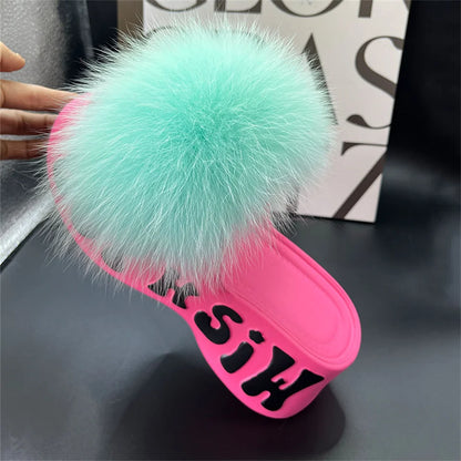 Real Fox Fur Slippers for Woman Luxury 2025 Slippers Summer Woman Sandals Thick Sole Pink Fur Slippers Fluffy Slides for Woman
