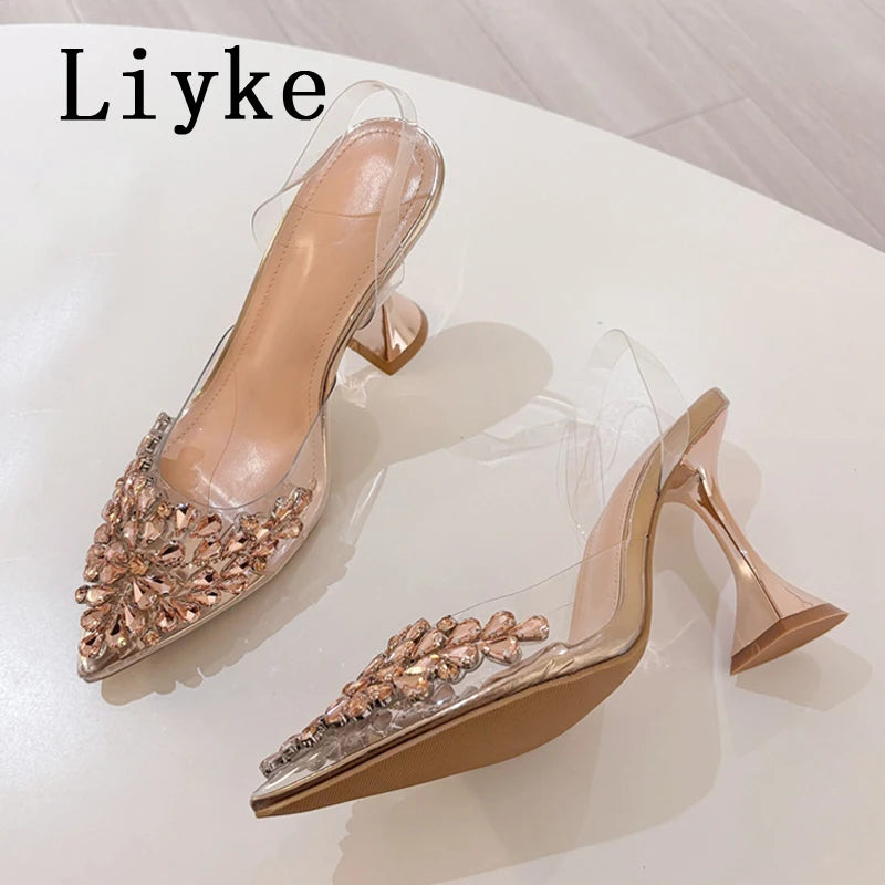 Liyke 2026 New Gold Silver Diamond Rivet Pointed Toe Slingback Sandal Women Pumps Sexy Clear High Heels Wedding Party Prom Shoes