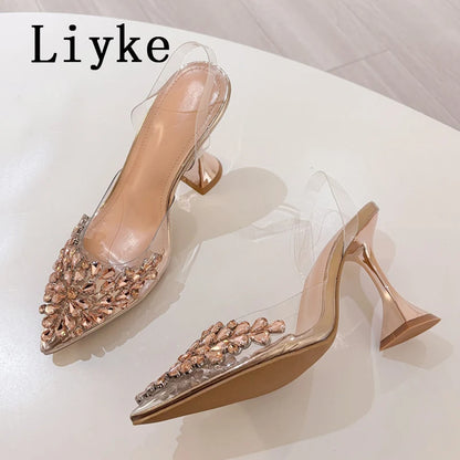 Liyke 2026 New Gold Silver Diamond Rivet Pointed Toe Slingback Sandal Women Pumps Sexy Clear High Heels Wedding Party Prom Shoes