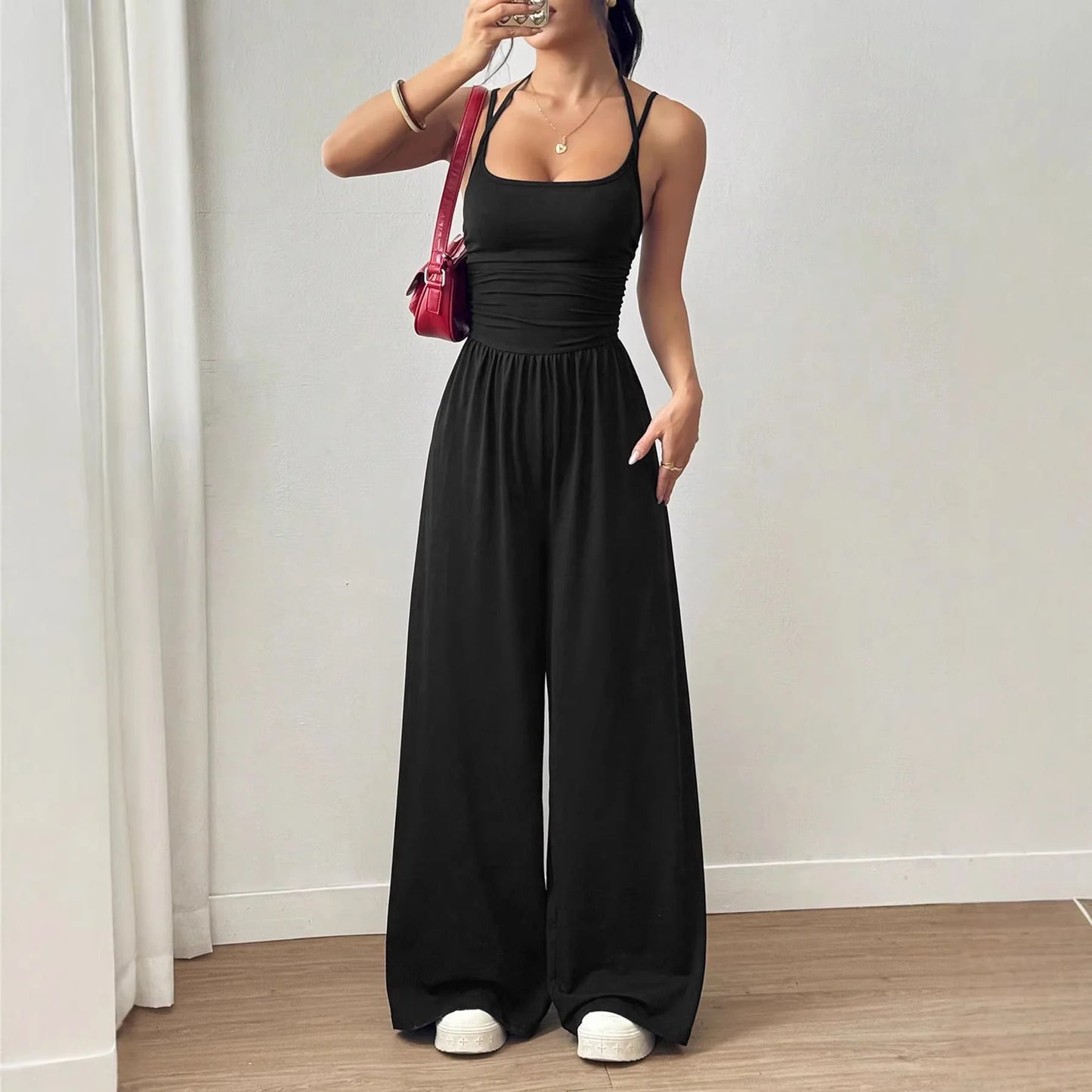 Women's Casual Summer Wide Leg Jumpsuit Strap Wrap Chest Waist Cinched One-Piece Suit Comfortable Loose Fit Overall Dress