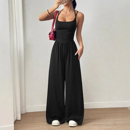 Women's Casual Summer Wide Leg Jumpsuit Strap Wrap Chest Waist Cinched One-Piece Suit Comfortable Loose Fit Overall Dress