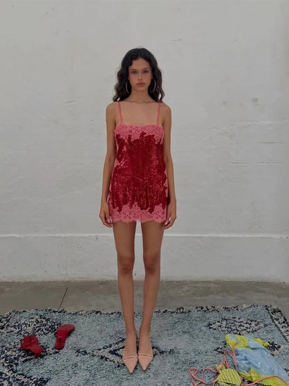 Sexy Sequin Lace Trim Dress Women Fashion V-neck Sleeveless High Waist Mini Sling Dresses 2026 Summer Lady Vacation Robe