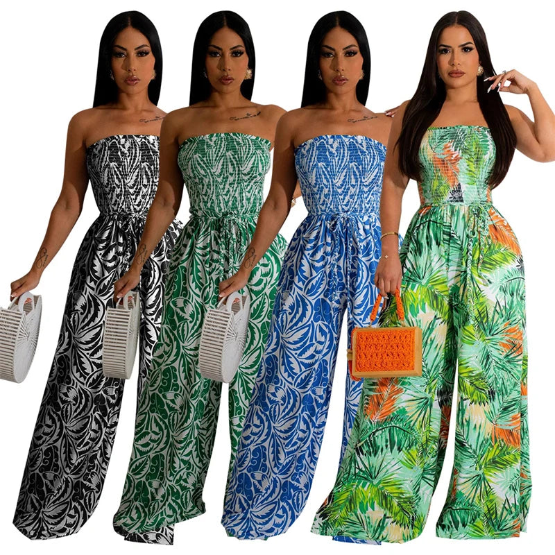 Elegant Print Jumpsuits for Woman Romper Sleeveless Backless Strapless High Waist Loose Straight Wide Leg Jumpsuit Club Clothing
