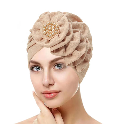 Solid Color Flowers Muslim Hijab Caps Beading Women Wrap Head Ramadan Ladies Fashion Headwear Turban Bonnet