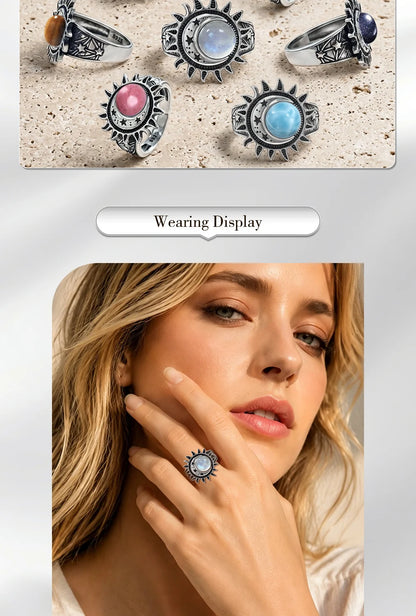 925 Sterling Silver Natural Moonstone Ring 8MM Bohemian Star Sun Moon Shape Ring Gothic Punk Style Party Gift for Women Men