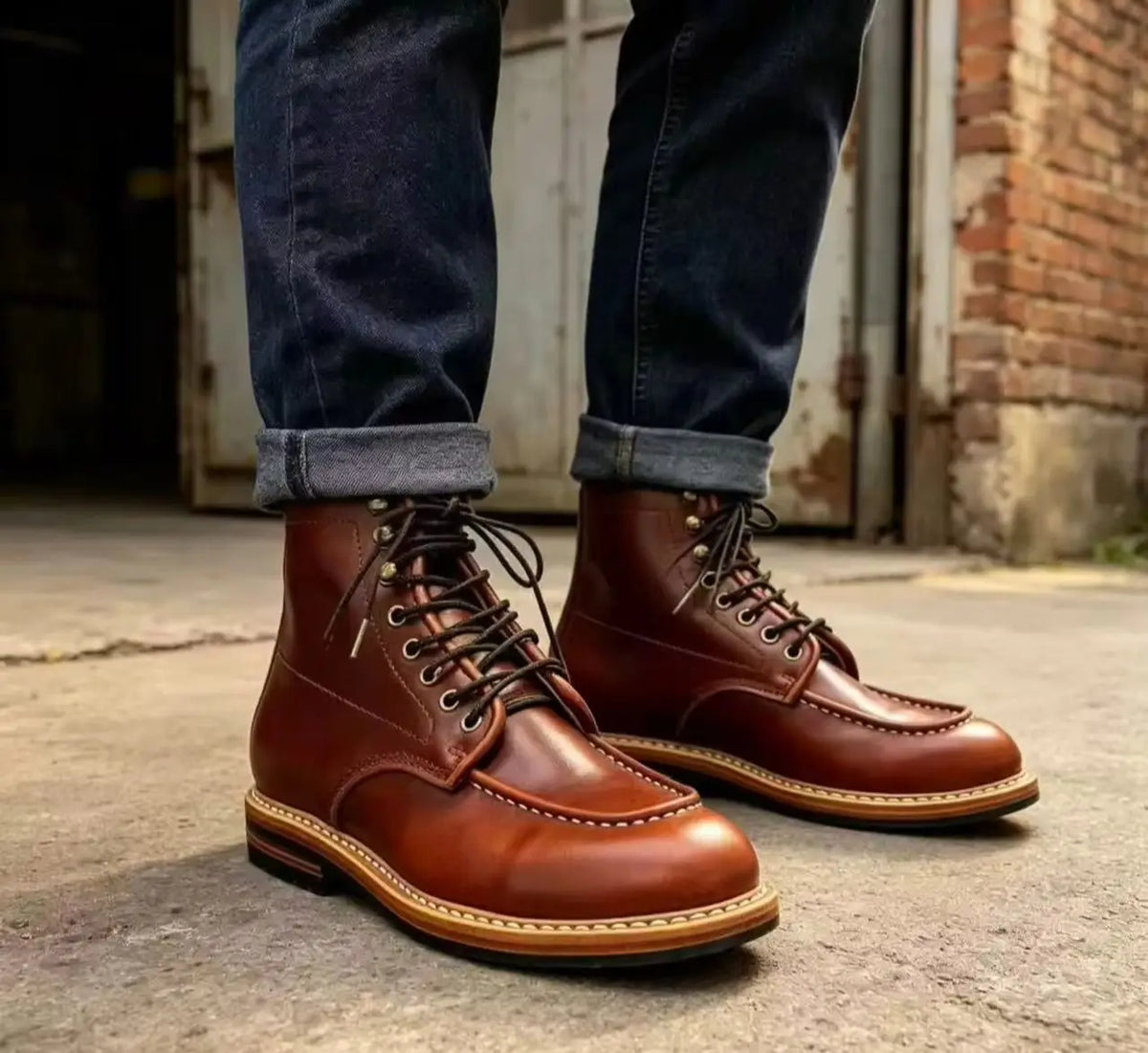 C62 Retro Suede Leather Men Work Boots Brown High Top Lace Up Hand Stitched Thick Sole Biker Ankle Shoes Outdoor Casual Footwear