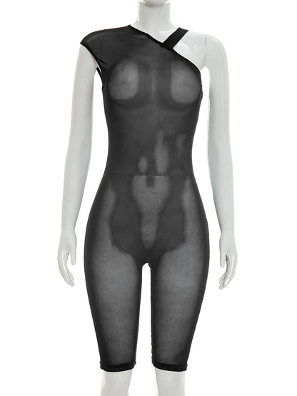 Weird Puss See Through Playsuits Women Solid Irregular Collar Skinny High Elasticity Sexy Midnight Hottie Summer Wild Romper