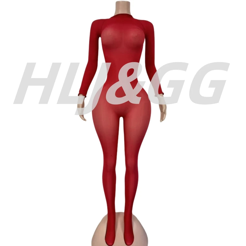 HLJ&GG Sexy Mesh See Through Bodycon One Piece Jumpsuits Women O Neck Long Sleeve Stretchy Overall Lady Party Clubwear Playsuits