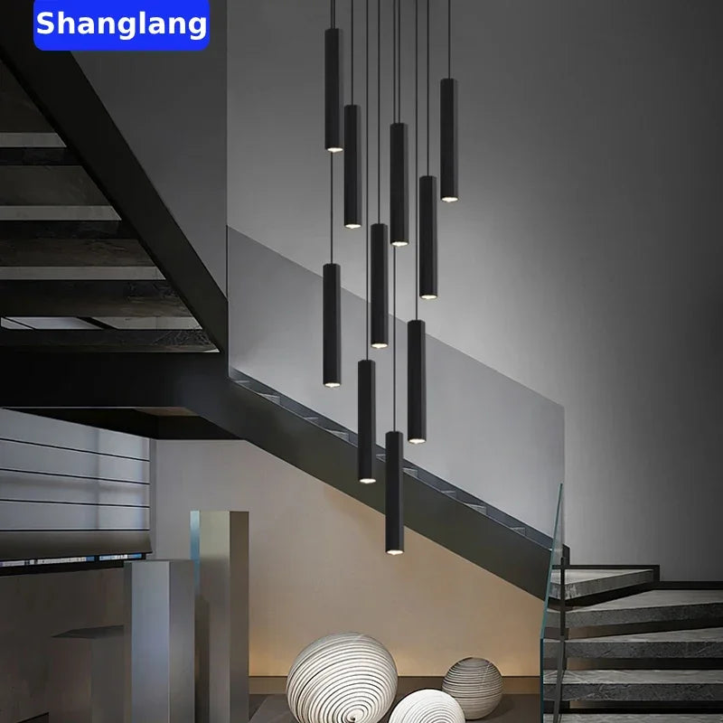 Modern LED Staircase Ceiling Chandelier Black Nordic Simple Indoor Lighting Fixture New Creative Design Island Long Hanging Lamp