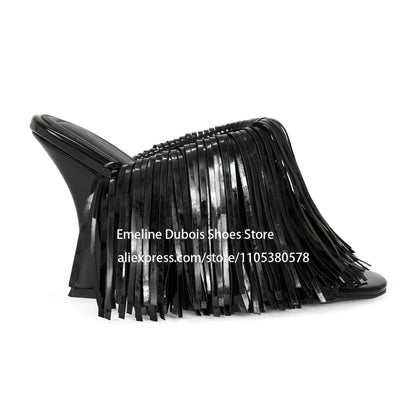 Blue Patent Leather Fringe Wedge Heel Mules Open Peep Toe Slip On Irregular Heel Sandals Nightclub Party Runway Shoes for Women