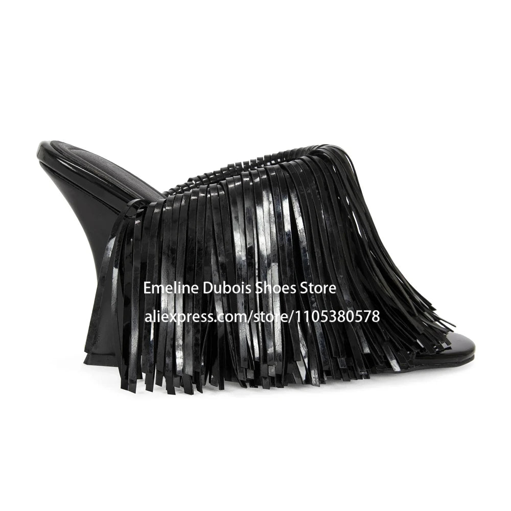 Blue Patent Leather Fringe Wedge Heel Mules Open Peep Toe Slip On Irregular Heel Sandals Nightclub Party Runway Shoes for Women