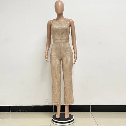 Bling Bling Sequined Club Jumpsuit Sexy Women O-neck Elegant Shiny Sliver Gold Sequins Straight Romper Overalls