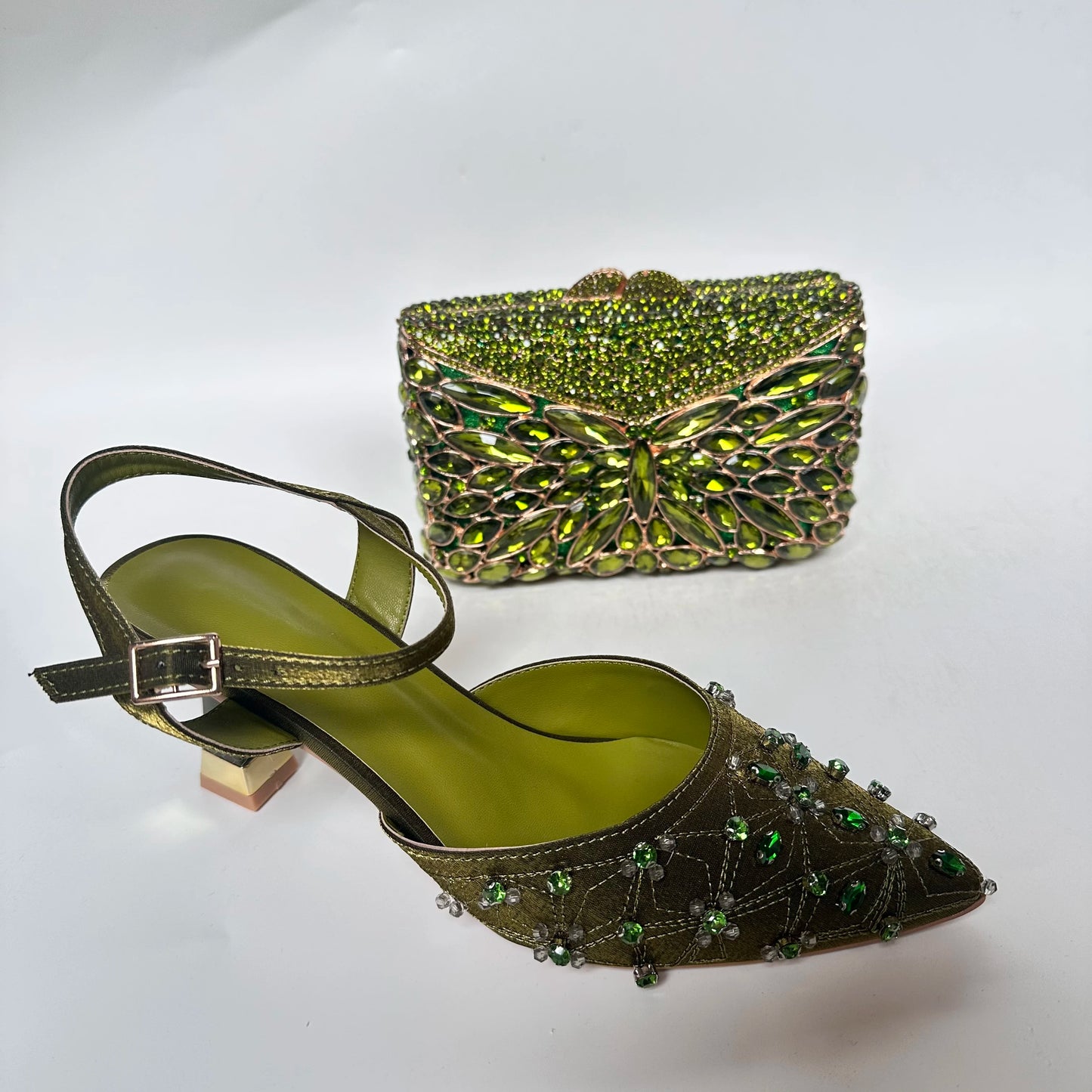 Insightlink Luxury Olive Green Rhinestone High Heel Shoes & Matching Clutch Bag Set – Elegant Pointed Toe Block Heel Sandals