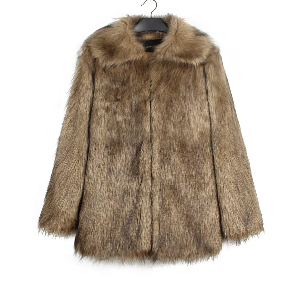 2026 Autumn Winter Brown Faux Fur Coat Women Casual Turndown collar Fluffy Plush Jacket Long Sleeve Thick Fake Fur Warm Cardigan