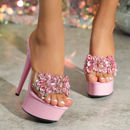 Luxury Rhinestones Transparent Slippers Women Platform Thin High Heels Model Catwalk Sandals 15CM Summer Night Club Stage Shoes